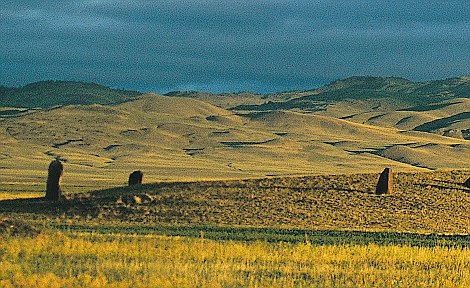 Ancient Turkic tomb stones on steppes of Hakasia, Central Siberia, Russian Federation.. Image shot 2006. Exact date unknown.